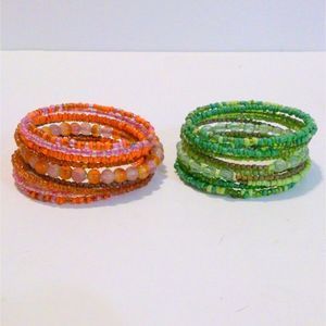 Set of Two Seed and Glass Bead Wrap Bracelets Orange Green